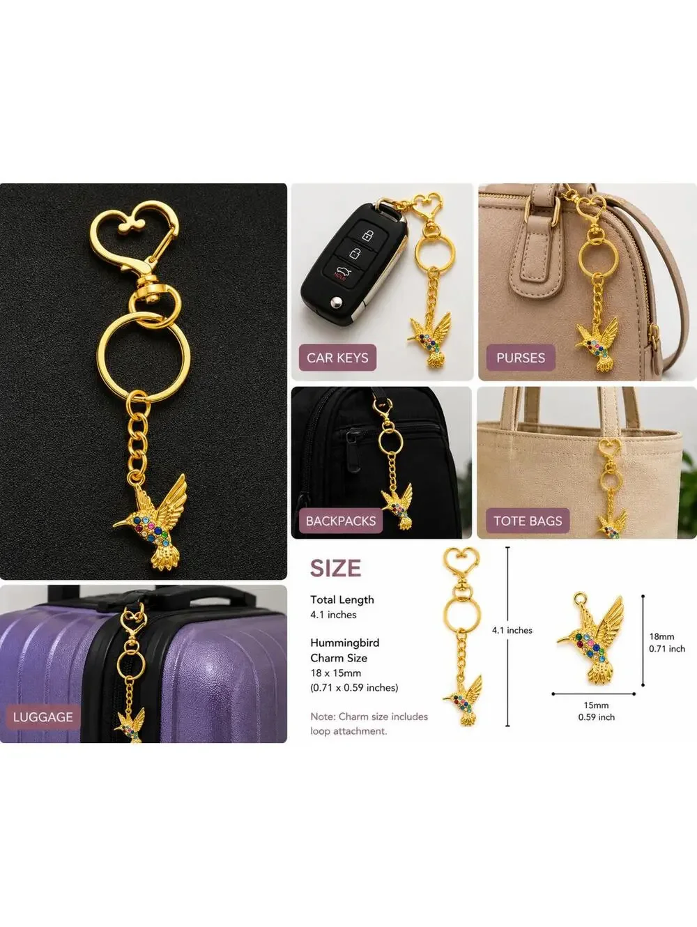 Gold Hummingbird Heart Keychain Bag Charm - Picture 2 of 2